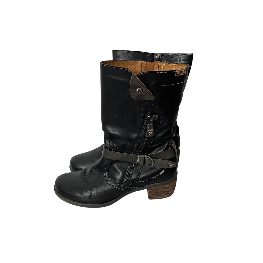 Pikolinos Mid Calf Boots Women Size 40 Black Leather Zip Moto Strap W1S-8820